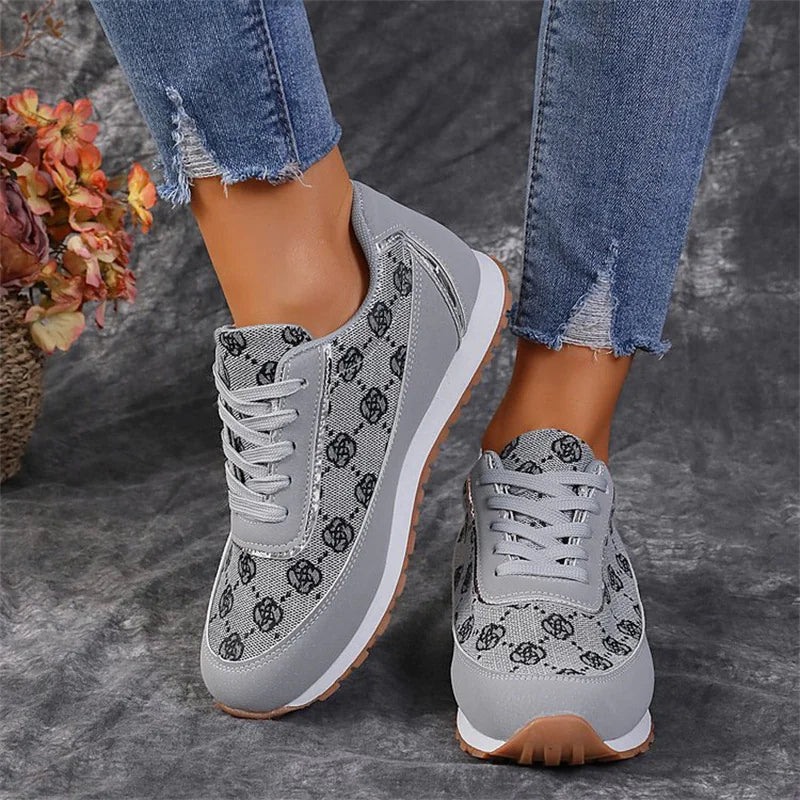 Flower Print Lace-Up Sneakers, Lightweight Casual Flats for Women